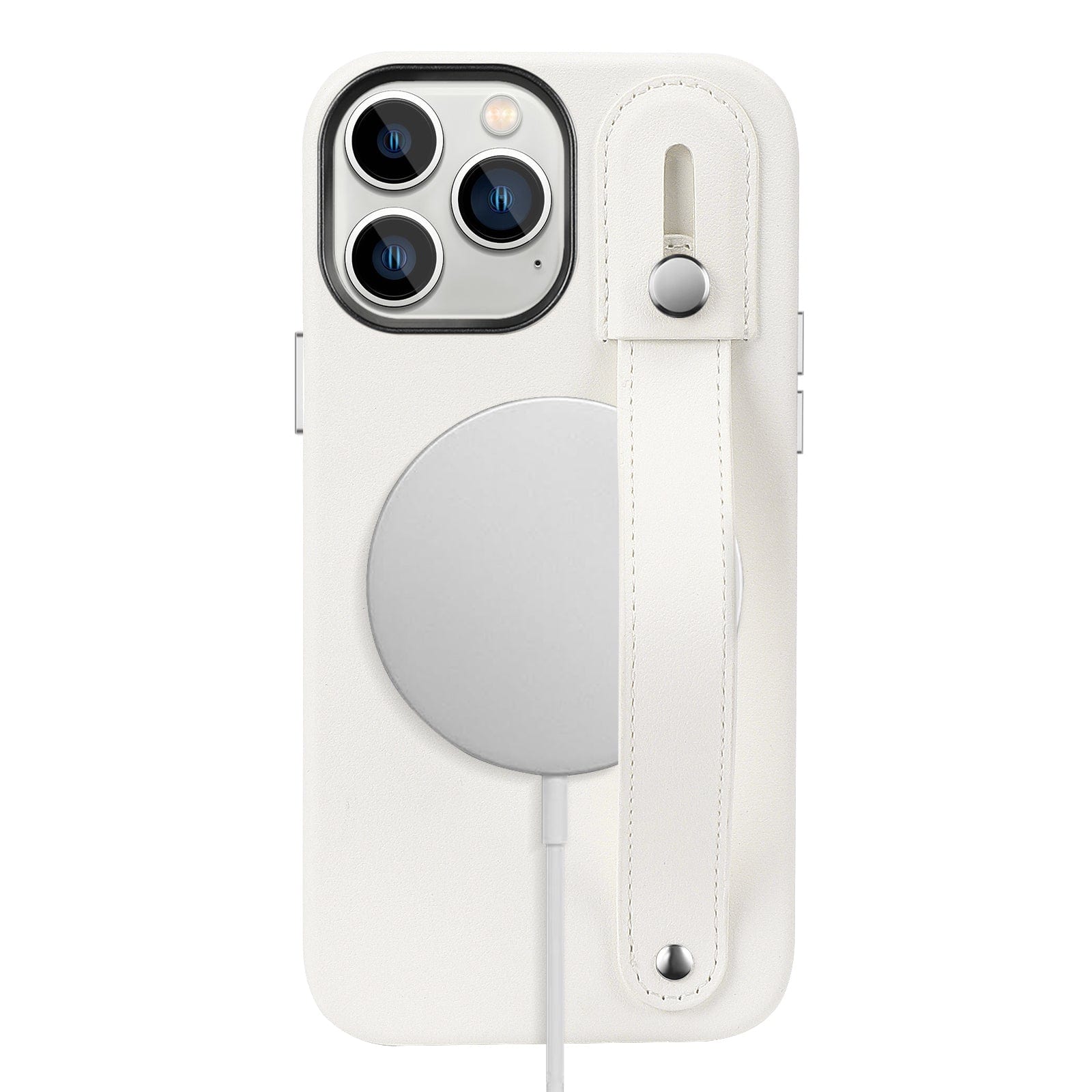 Protection Kit Bundle - Genuine Leather FingerGrip Case with Tempered Glass Screen and Camera Protector for iPhone 15 Pro Max - White