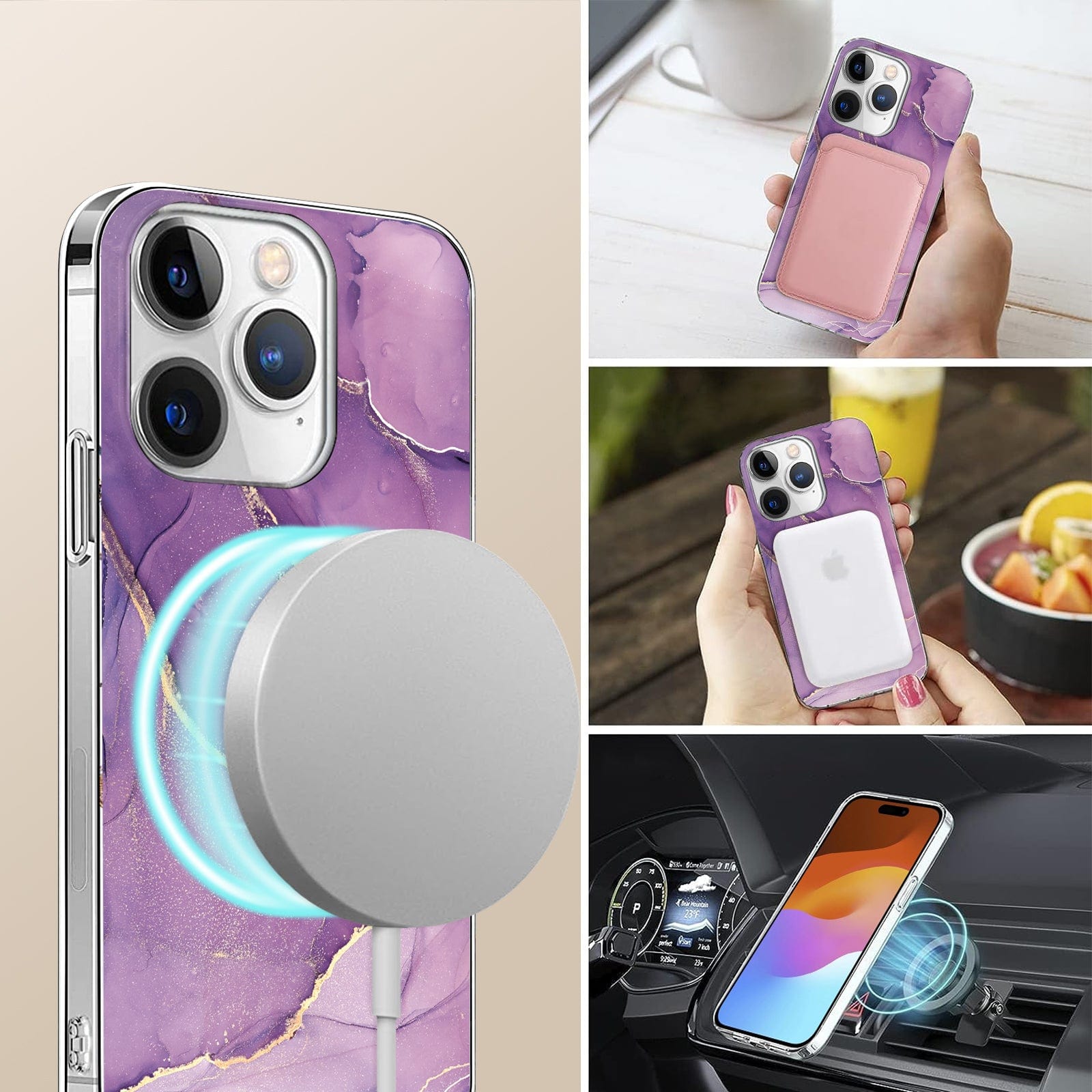 Protection Kit Bundle - Purple Marble Case with Tempered Glass Screen and Camera Protector for iPhone 15 Pro Max