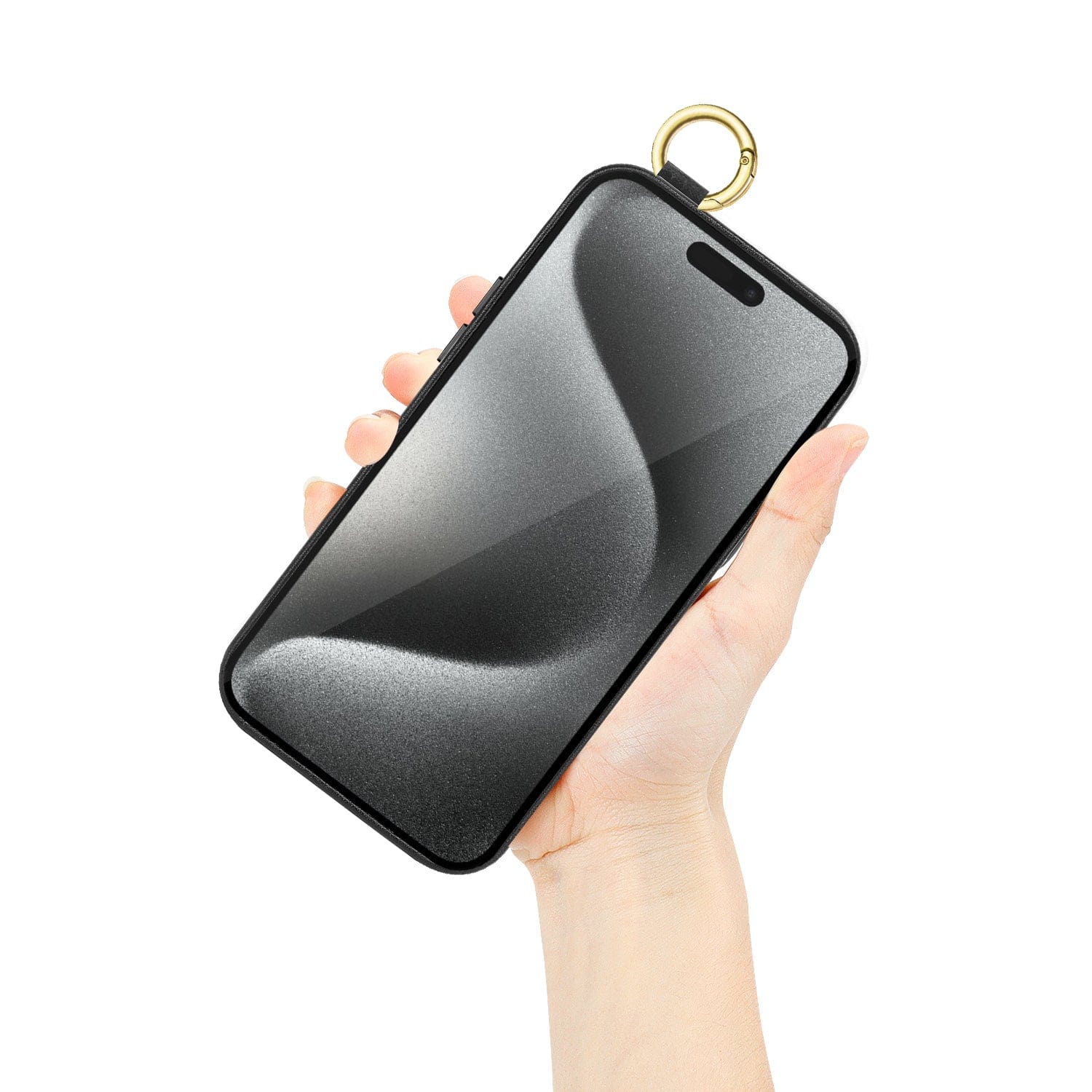 Protection Kit Bundle - Genuine Leather FingerGrip Series Case with Tempered Glass Screen and Camera Protector for iPhone 15 Pro Max - Black