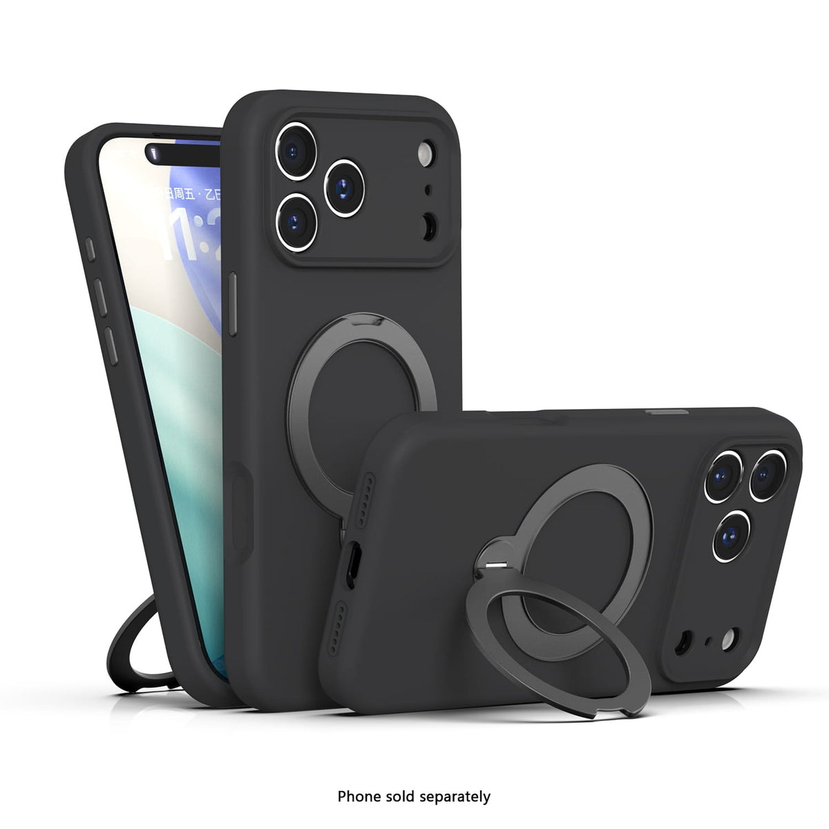 iPhone 18 Pro Venture Series liquid silicone MagSafe case with 360° ring stand in Black – view 3