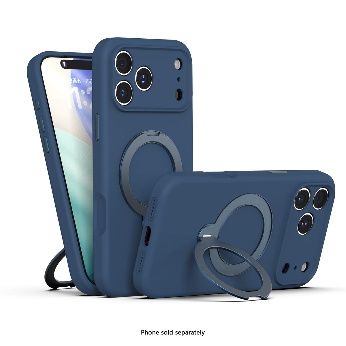 iPhone 18 Pro Venture Series liquid silicone MagSafe case with 360° ring stand in Dark Blue – view 3