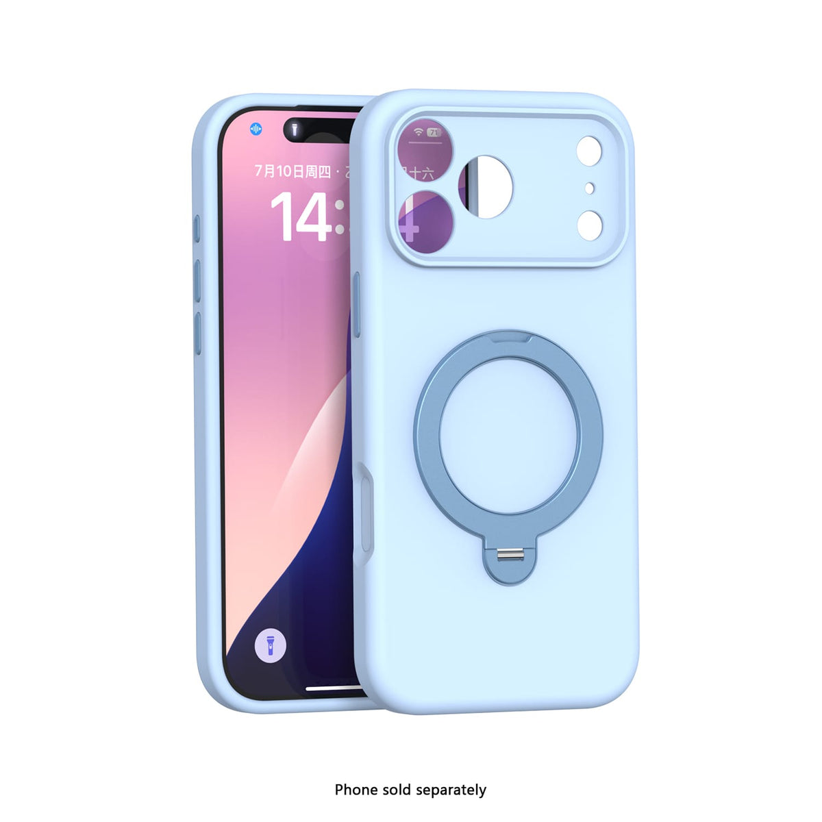 iPhone 18 Pro Venture Series liquid silicone MagSafe case with 360° ring stand in Light Blue – view 1