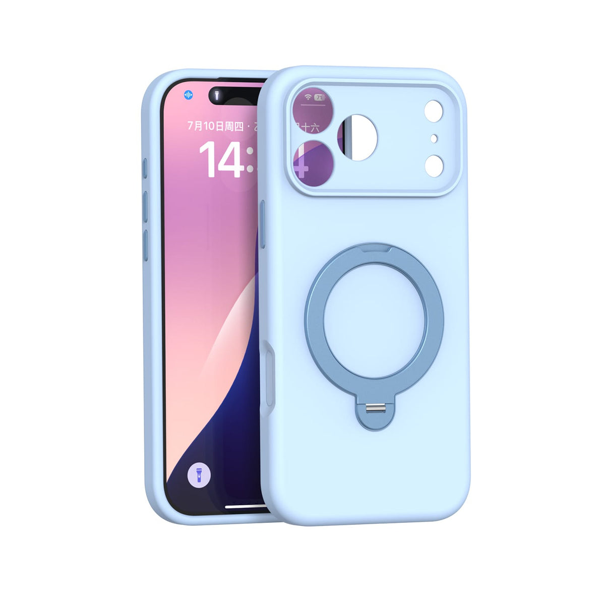 iPhone 18 Pro Venture Series liquid silicone MagSafe case with 360° ring stand in Light Blue – view 1