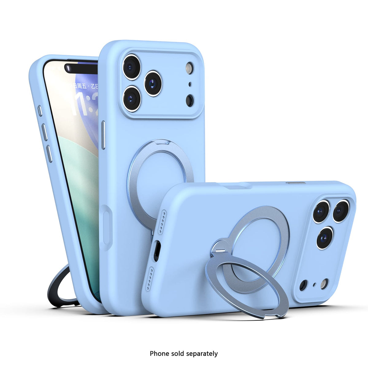 iPhone 18 Pro Venture Series liquid silicone MagSafe case with 360° ring stand in Light Blue – view 3