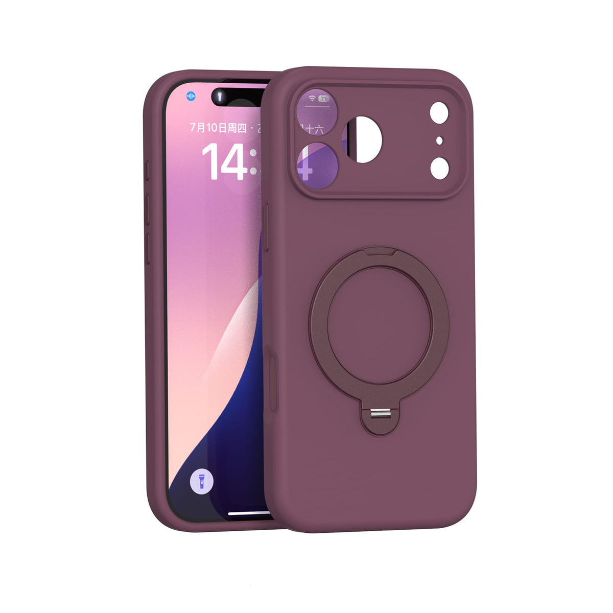 iPhone 18 Pro Venture Series liquid silicone MagSafe case with 360° ring stand in Dark Cherry – view 1