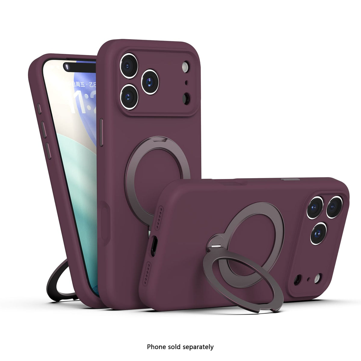 iPhone 18 Pro Venture Series liquid silicone MagSafe case with 360° ring stand in Dark Cherry – view 3