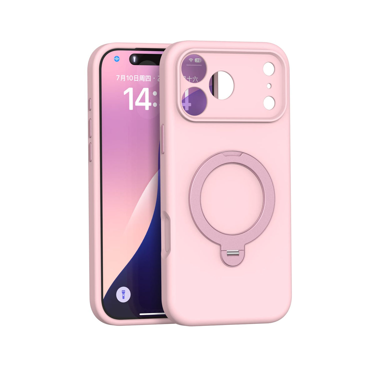 iPhone 18 Pro Venture Series liquid silicone MagSafe case with 360° ring stand in Dark Pink – view 1