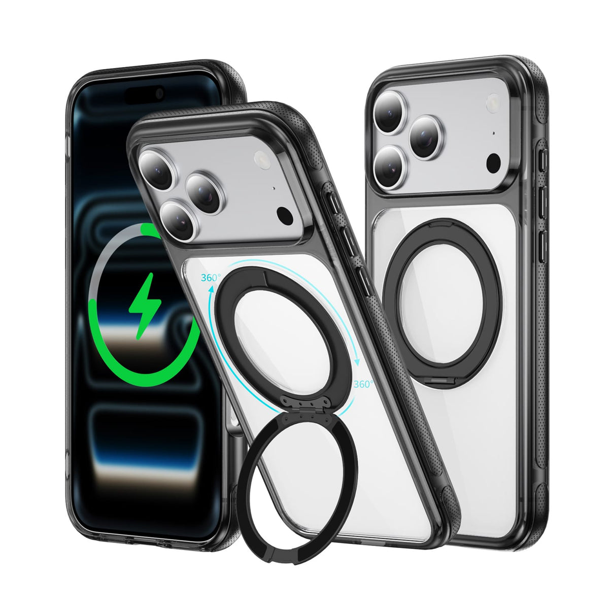 SAHARA Clear MagSafe case with 360° ring stand for iPhone 18 Pro in Black – product view