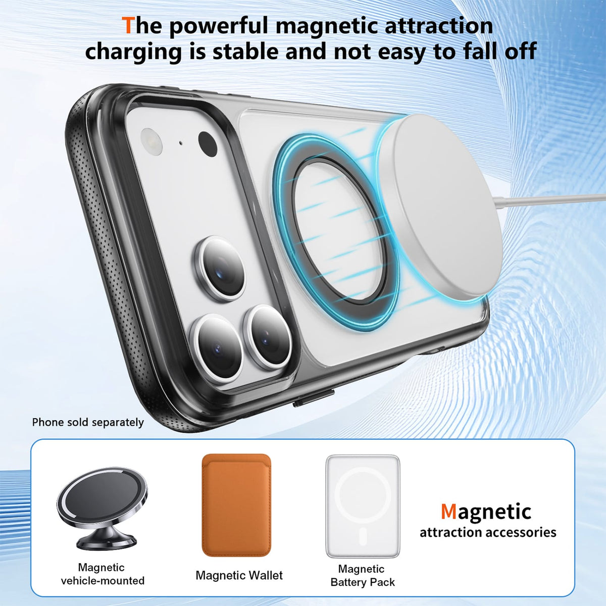 Clear MagSafe shockproof case with 360° ring stand for iPhone 18 Pro in Black, product view 5