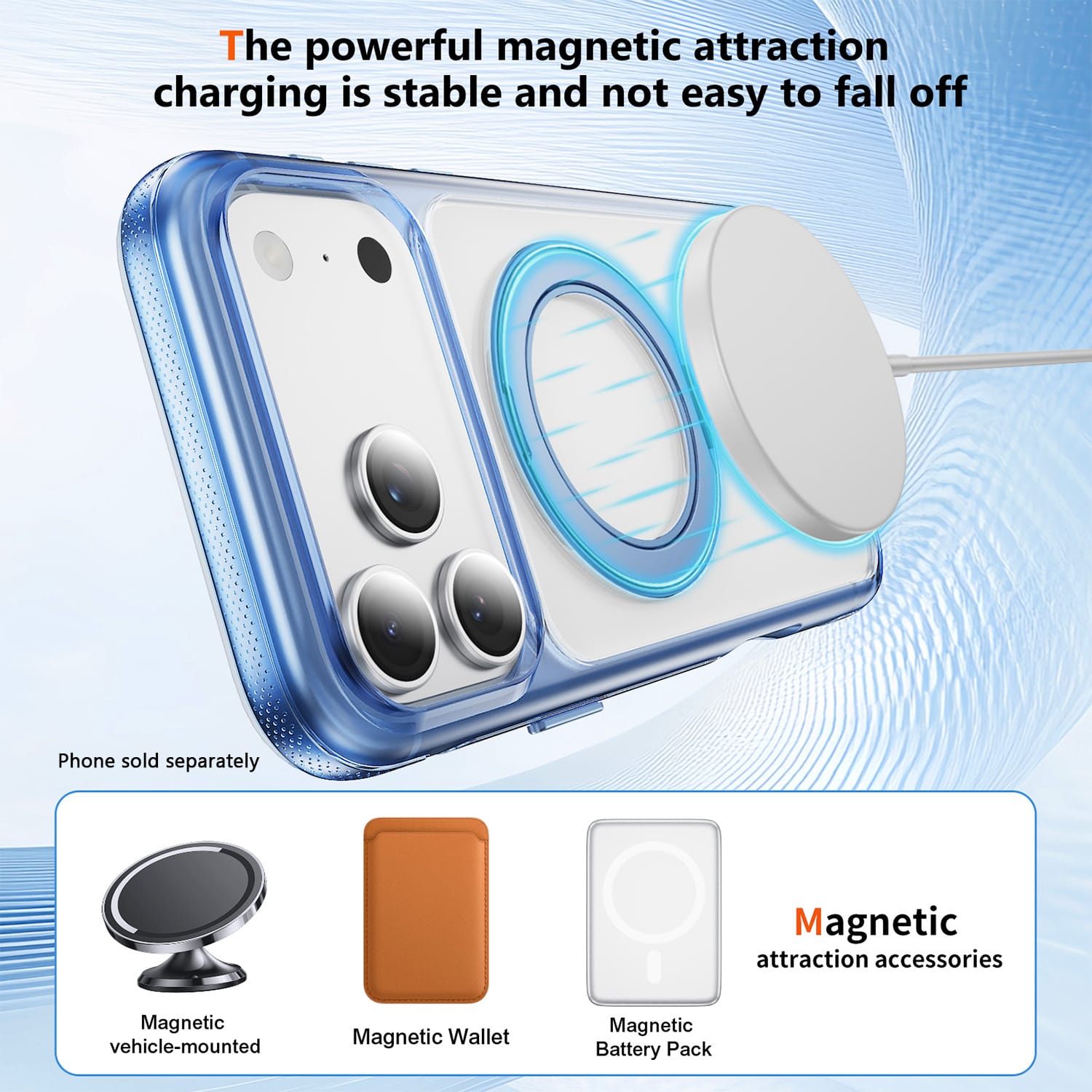 Clear MagSafe shockproof case with 360° ring stand for iPhone 18 Pro in Light Blue, product view 5
