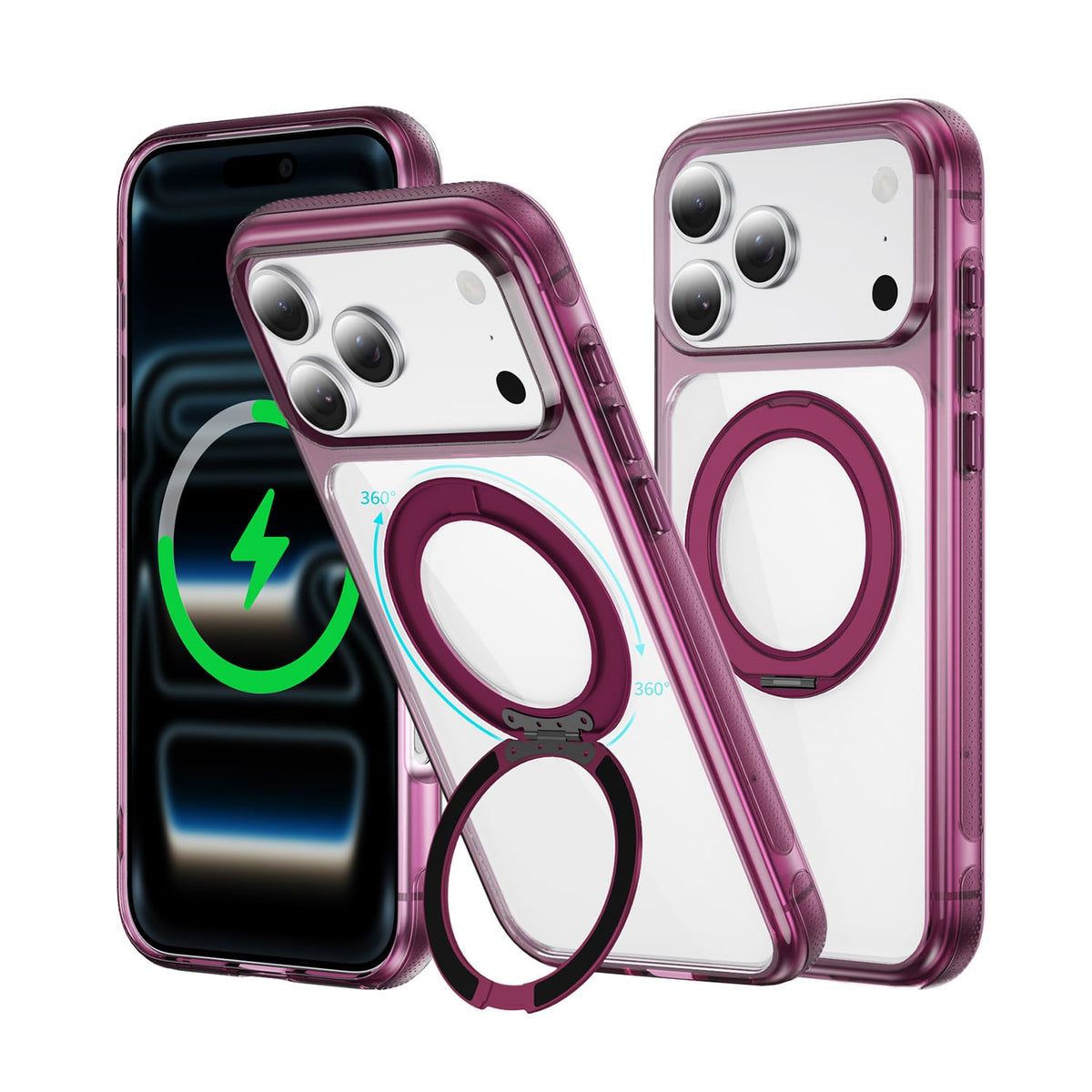 SAHARA Clear MagSafe case with 360° ring stand for iPhone 18 Pro in Dark Cherry – product view