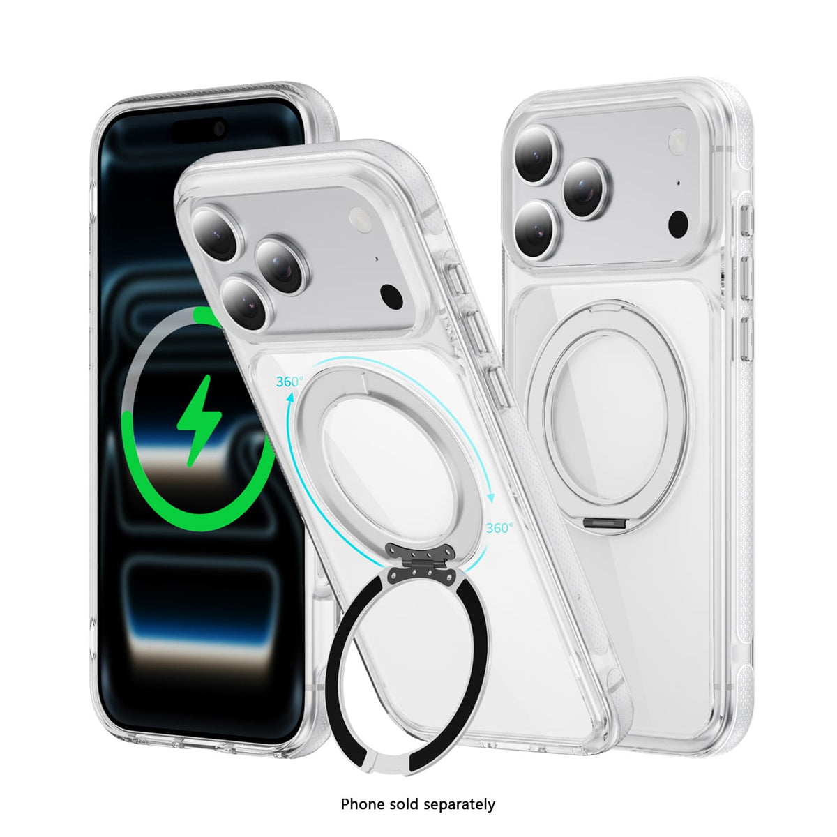 SAHARA Clear MagSafe case with 360° ring stand for iPhone 18 Pro in White – product view