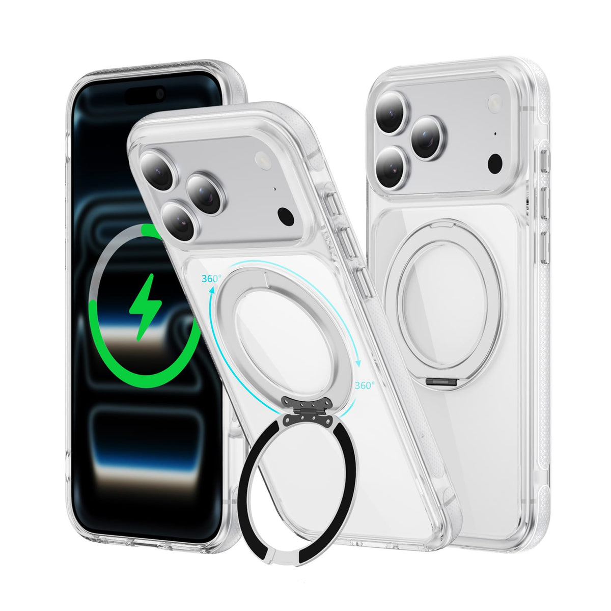 SAHARA Clear MagSafe case with 360° ring stand for iPhone 18 Pro in White – product view