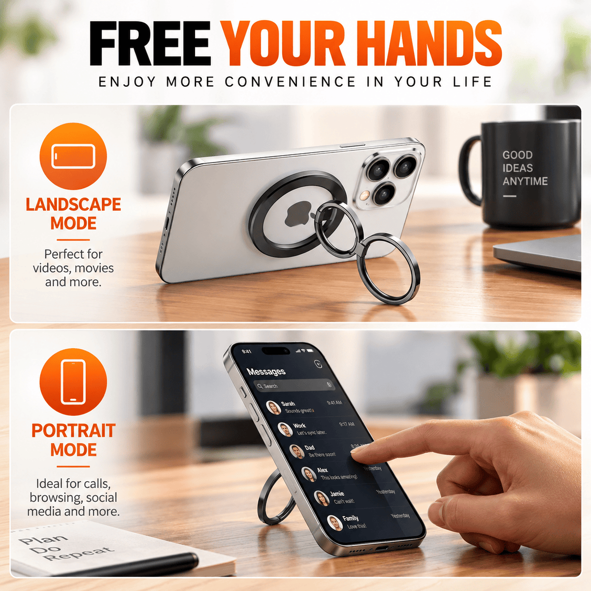 Double-sided magnetic ring grip and kickstand, lifestyle view 1