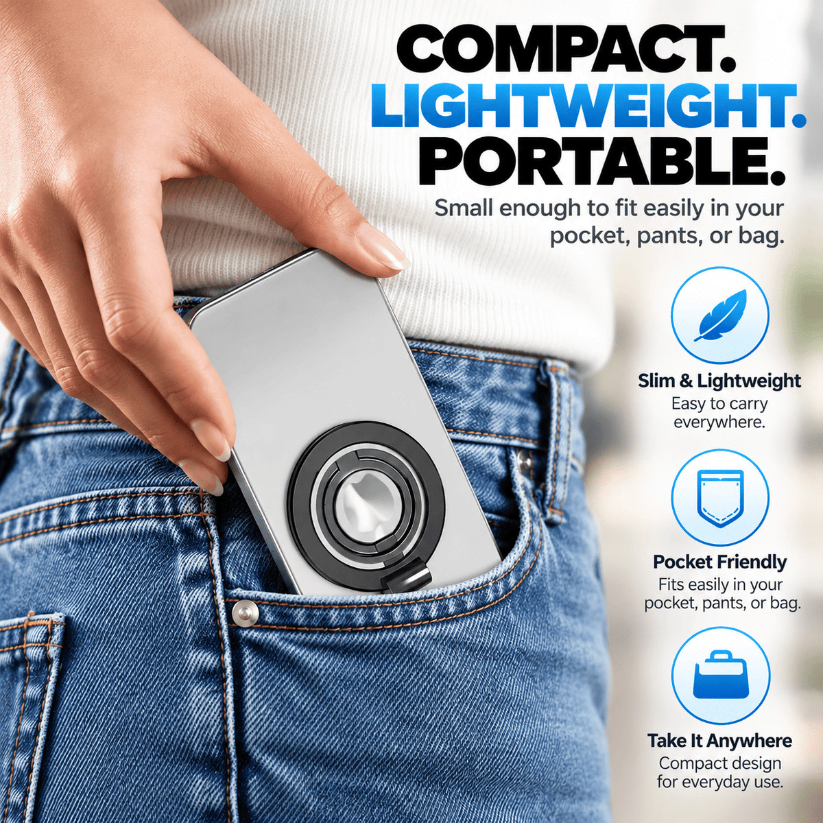 Double-sided magnetic ring grip and kickstand, lifestyle view 4