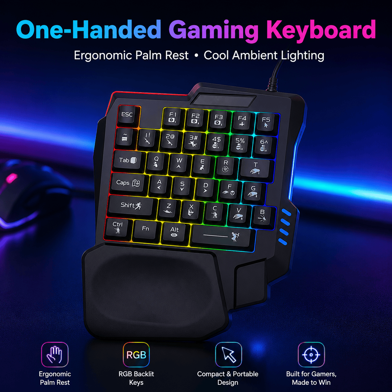 Ergonomic Wired Gaming Keyboard - LED Rainbow Backlight, 35-Key | Ultima Series