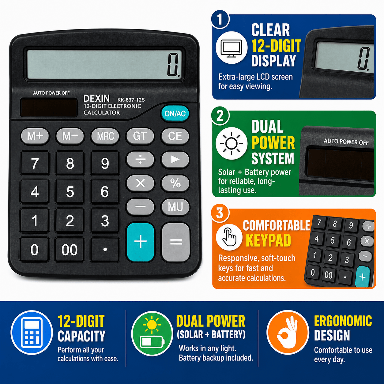 12-Digit Desktop Calculator - Dual Power Solar & Battery