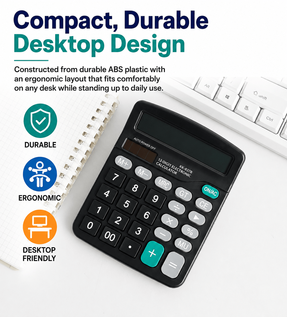 12-Digit Desktop Calculator - Dual Power Solar & Battery