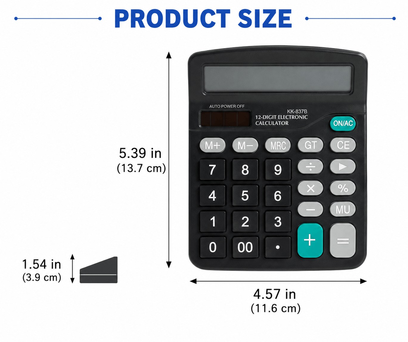 12-Digit Desktop Calculator - Dual Power Solar & Battery