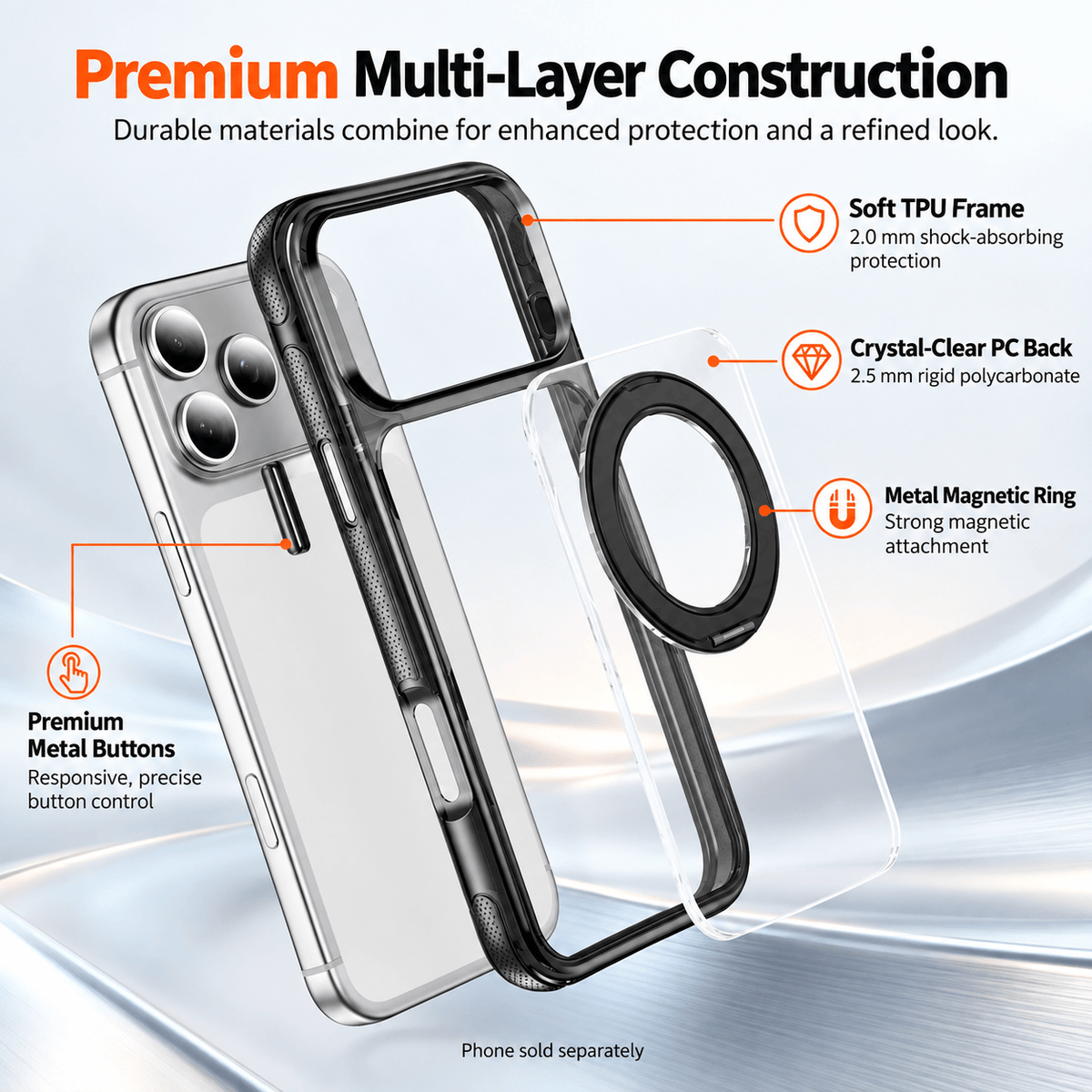 iPhone 18 Pro Clear Case - MagSafe, Shockproof, with 360° Ring Stand