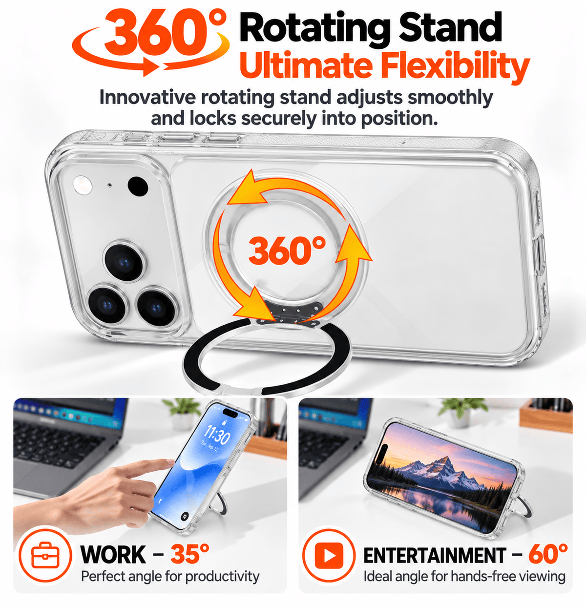 iPhone 18 Pro Clear Case - MagSafe, Shockproof, with 360° Ring Stand