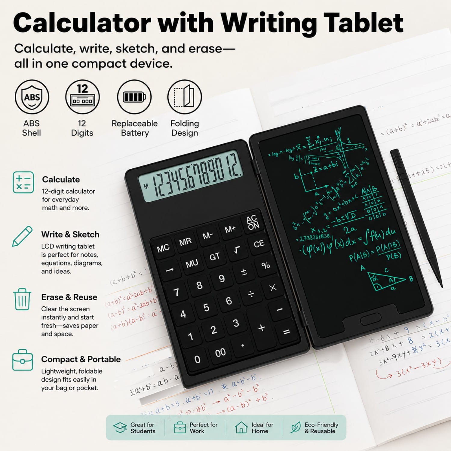 Sahara Scientific Calculator with 5-Inch LCD Writing Tablet - 12-Digit Foldable Design