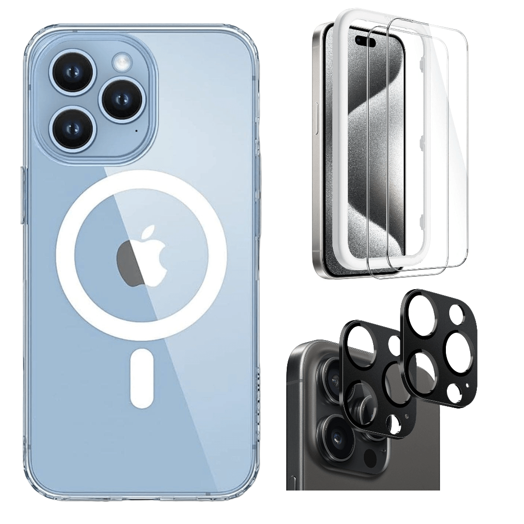 Protection Kit Bundle - Hybrid-Flex Hard Shell Case with Tempered Glass Screen and Camera Protector for iPhone 15 Pro Max - Clear