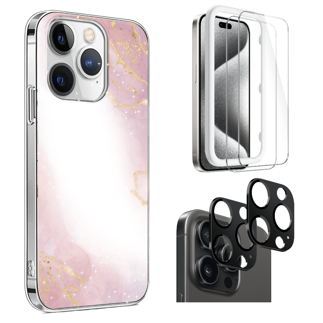 Protection Kit Bundle - Pink Marble Case with Tempered Glass Screen and Camera Protector for iPhone 15 Pro Max