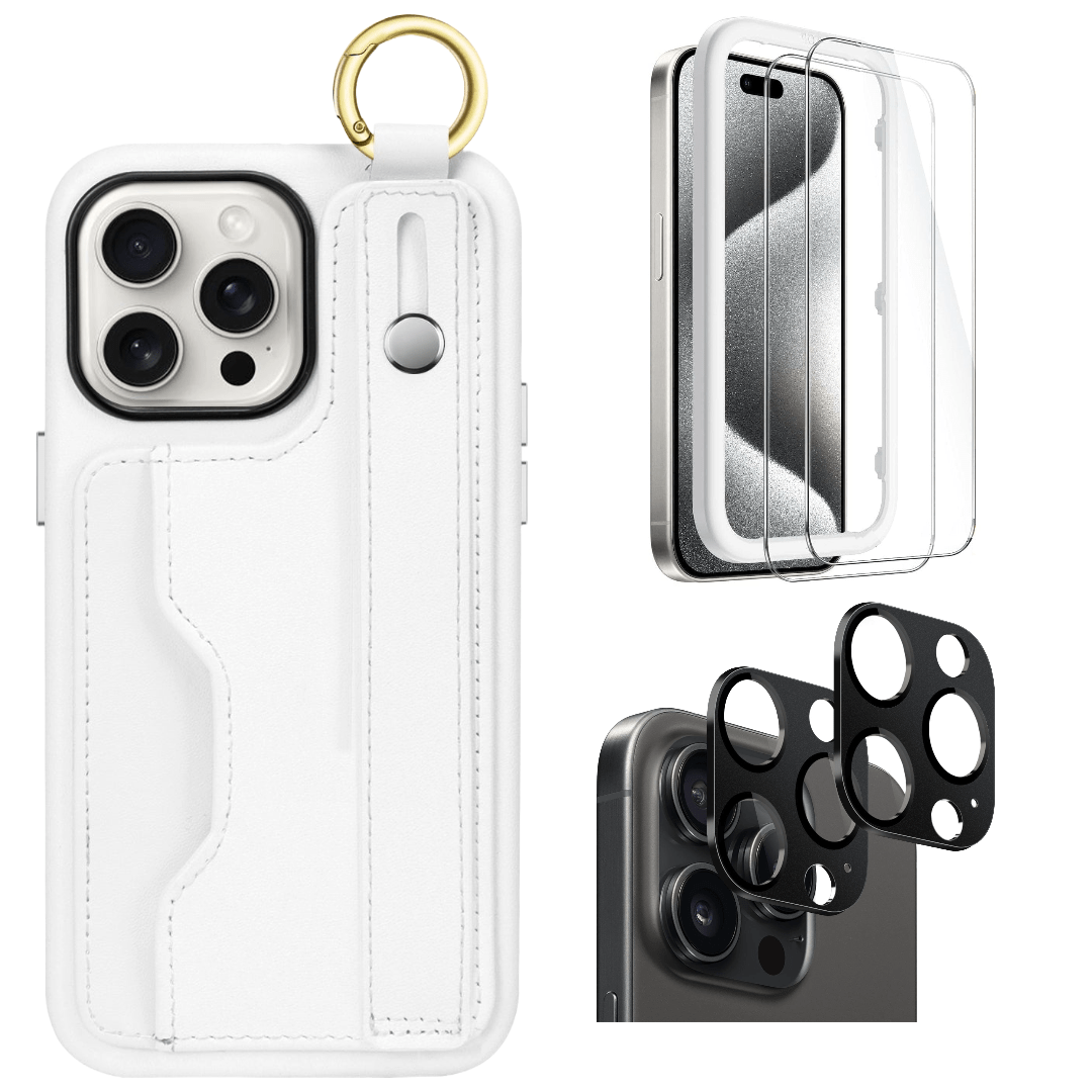Protection Kit Bundle - FingerGrip Series Case with Tempered Glass Screen and Camera Protector for iPhone 15 Pro Max