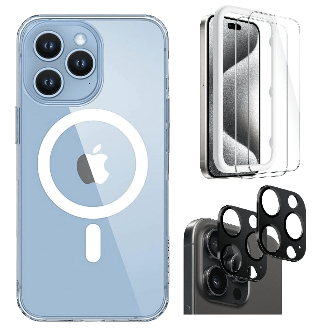 Protection Kit Bundle - Hybrid-Flex Hard Shell Case with Tempered Glass Screen and Camera Protector for iPhone 15 Pro - Clear