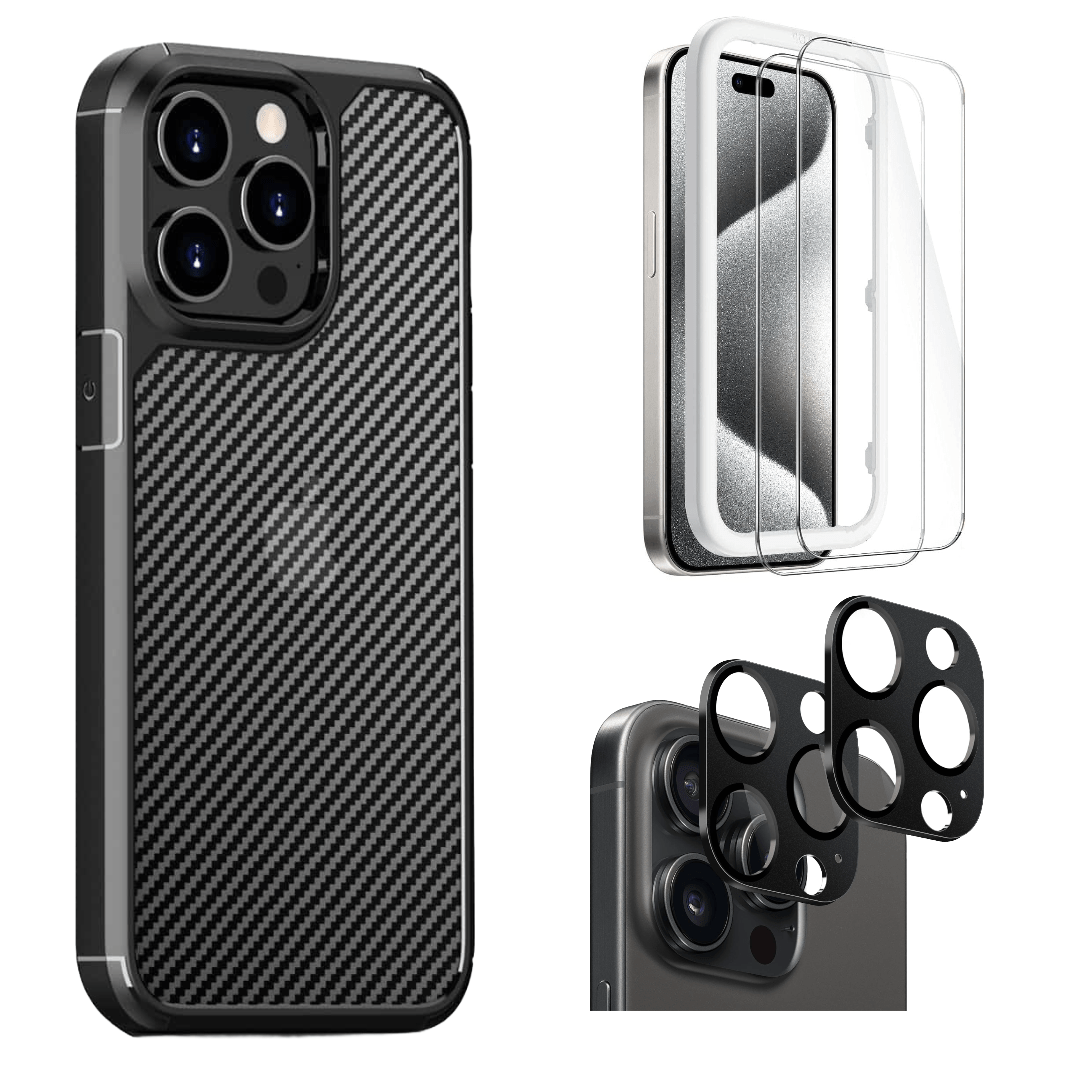 Protection Kit Bundle - Anti-Slip Series Case with Tempered Glass Screen and Camera Protector for iPhone 15 Pro Max - Black