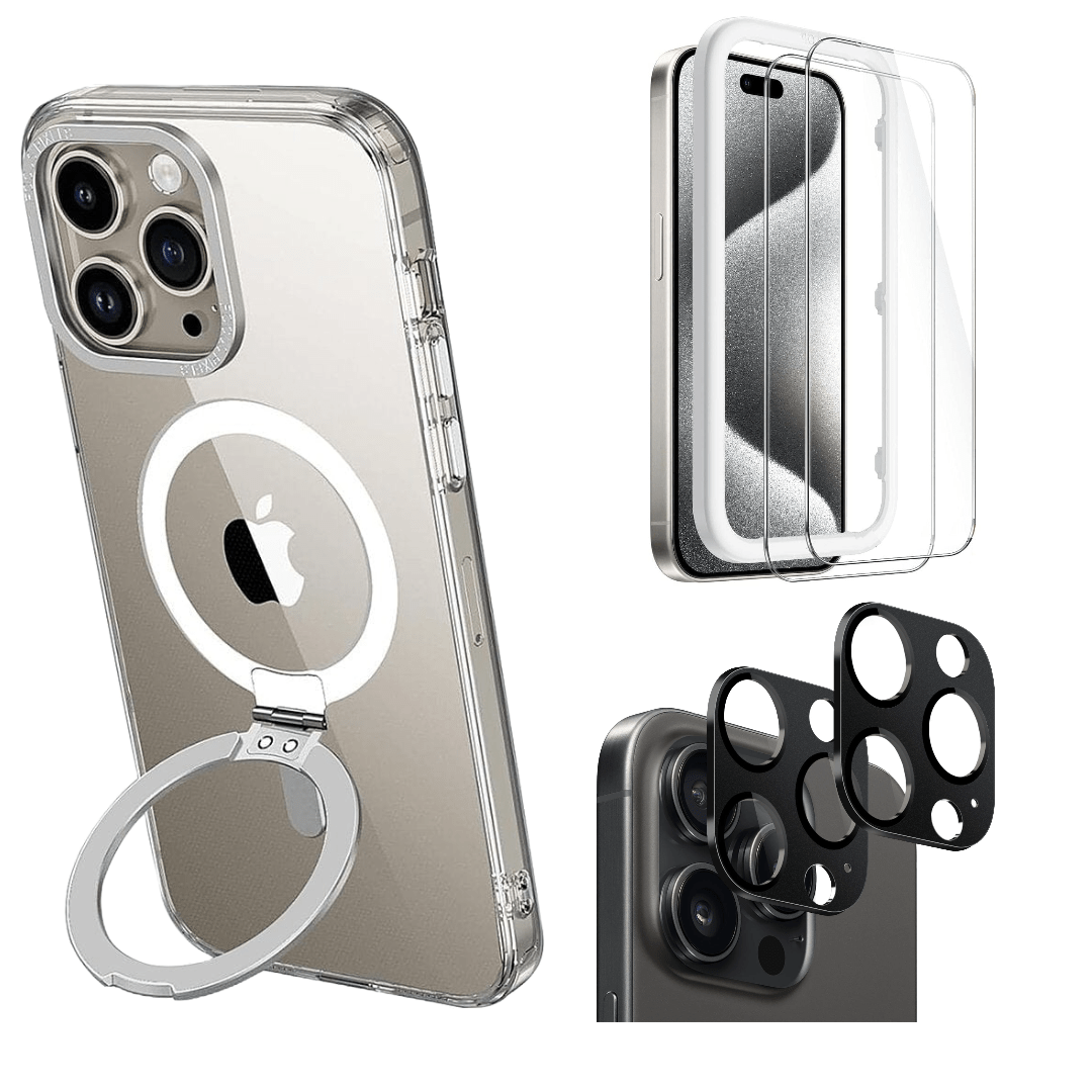 Protection Kit Bundle - Kickstand Case with Tempered Glass Screen and Camera Protector for iPhone 15 Pro Max - Clear
