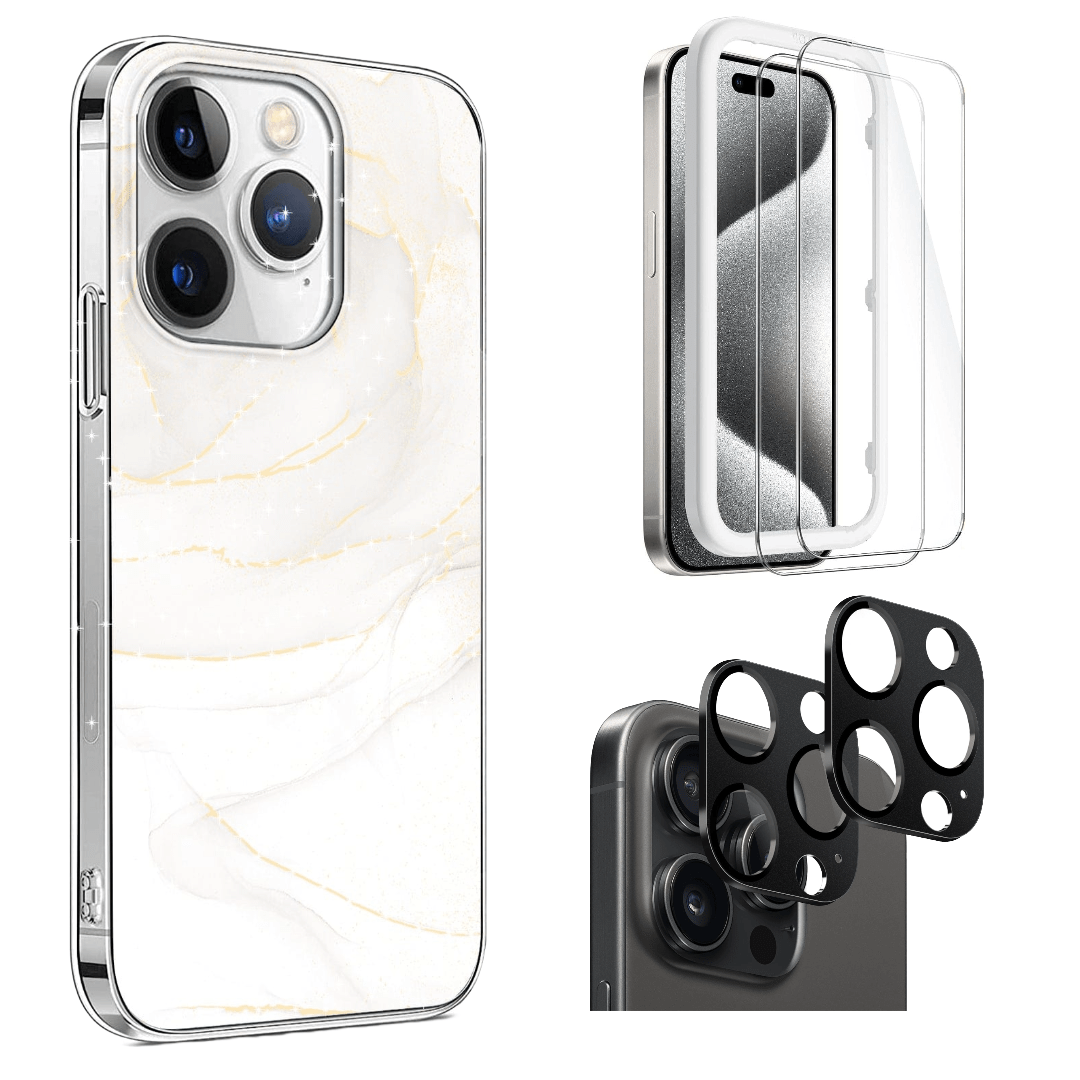 Protection Kit Bundle - White Marble Series Case with Tempered Glass Screen and Camera Protector for iPhone 15 Pro Max