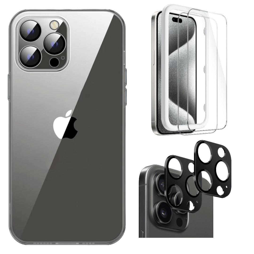 Protection Kit Bundle - Hybrid-Flex Hard Shell Case with Tempered Glass Screen and Camera Protector for iPhone 15 Pro Max - Clear