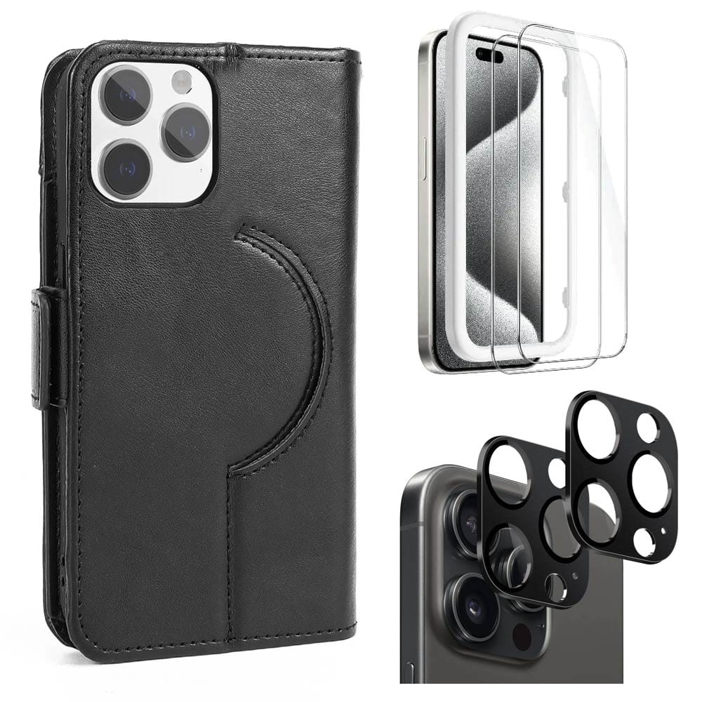 Genuine Leather Folio Wallet Case with Screen and Camera Protector - iPhone 15 Pro Max