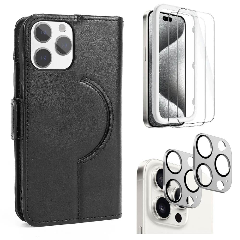Indy Series Leather Wallet Case with Screen and Camera Protector - iPhone 15 Pro Max