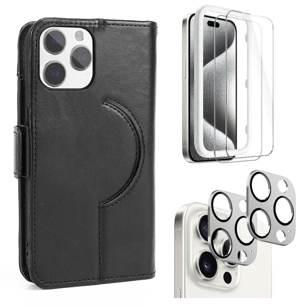 Indy Series Leather Folio Wallet MagSafe Case with Screen and Camera Protector - iPhone 15 Pro Max