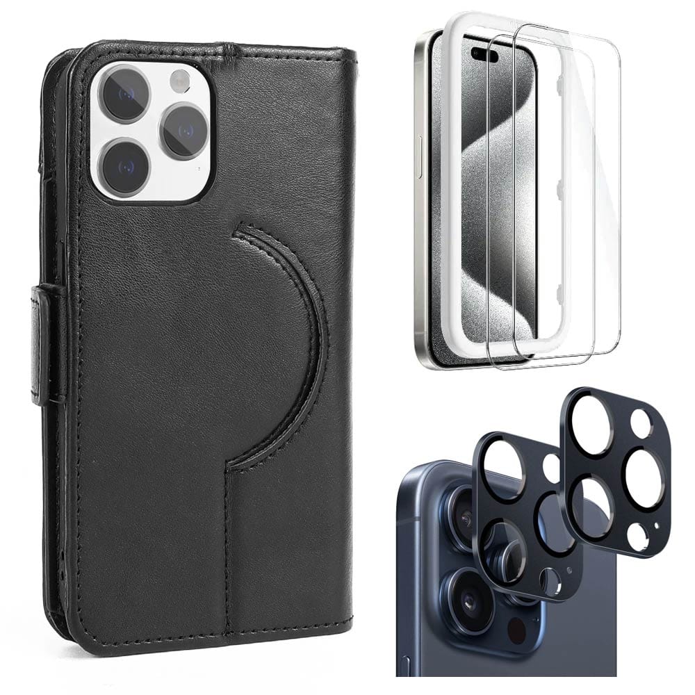 Indy Series Leather Folio Wallet MagSafe Case with Screen and Camera Protector - iPhone 15 Pro Max