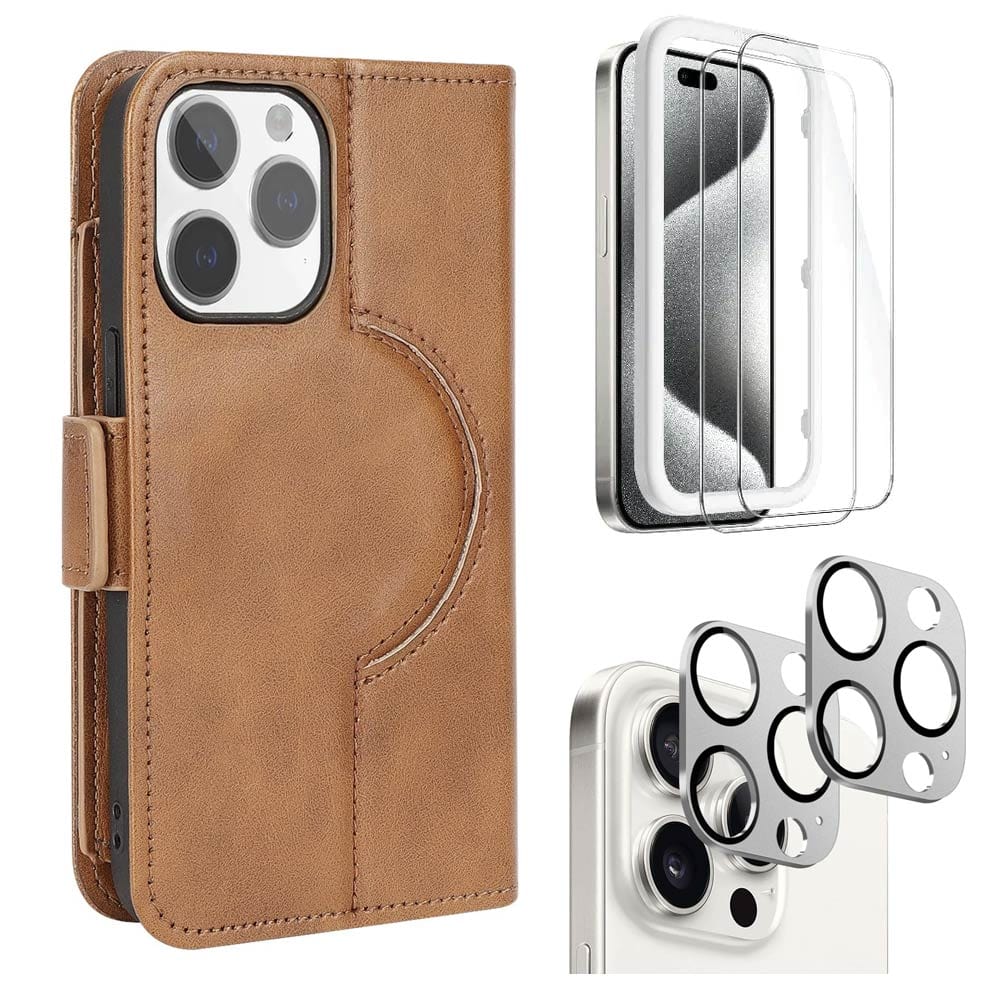 Indy Series Leather Wallet Case with Screen and Camera Protector - iPhone 15 Pro Max