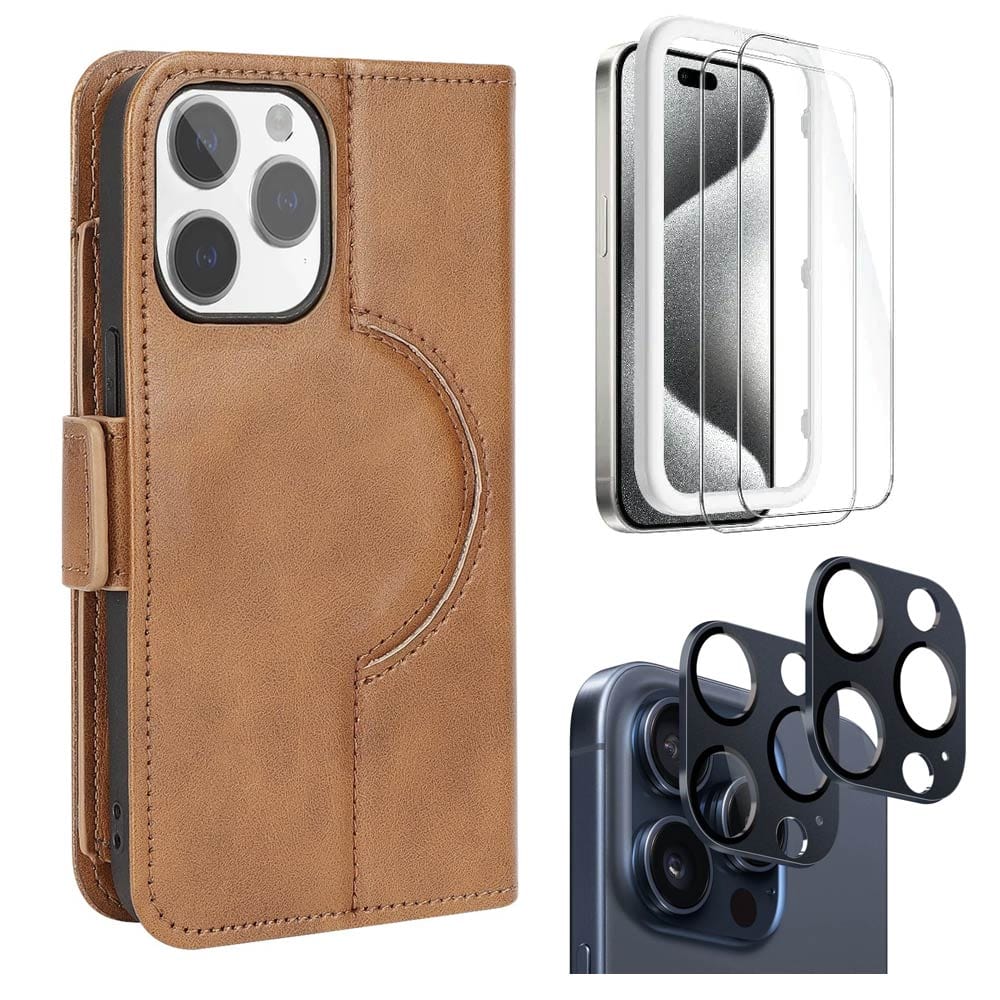 Indy Series Leather Folio Wallet MagSafe Case with Screen and Camera Protector - iPhone 15 Pro Max