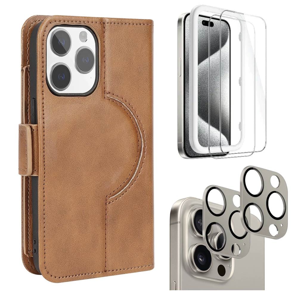 Indy Series Leather Wallet Case with Screen and Camera Protector - iPhone 15 Pro Max