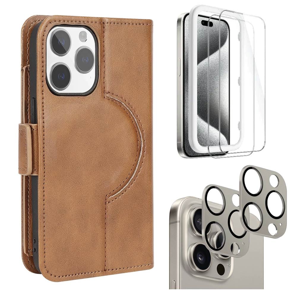 Genuine Leather Folio Wallet Case with Screen and Camera Protector - iPhone 15 Pro Max