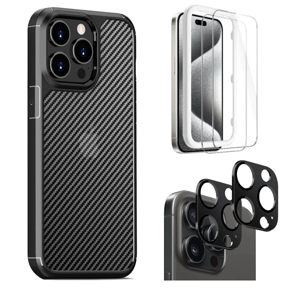 Venture Series Carbon-Fiber Style Case with Screen and Camera Protector - iPhone 15 Pro