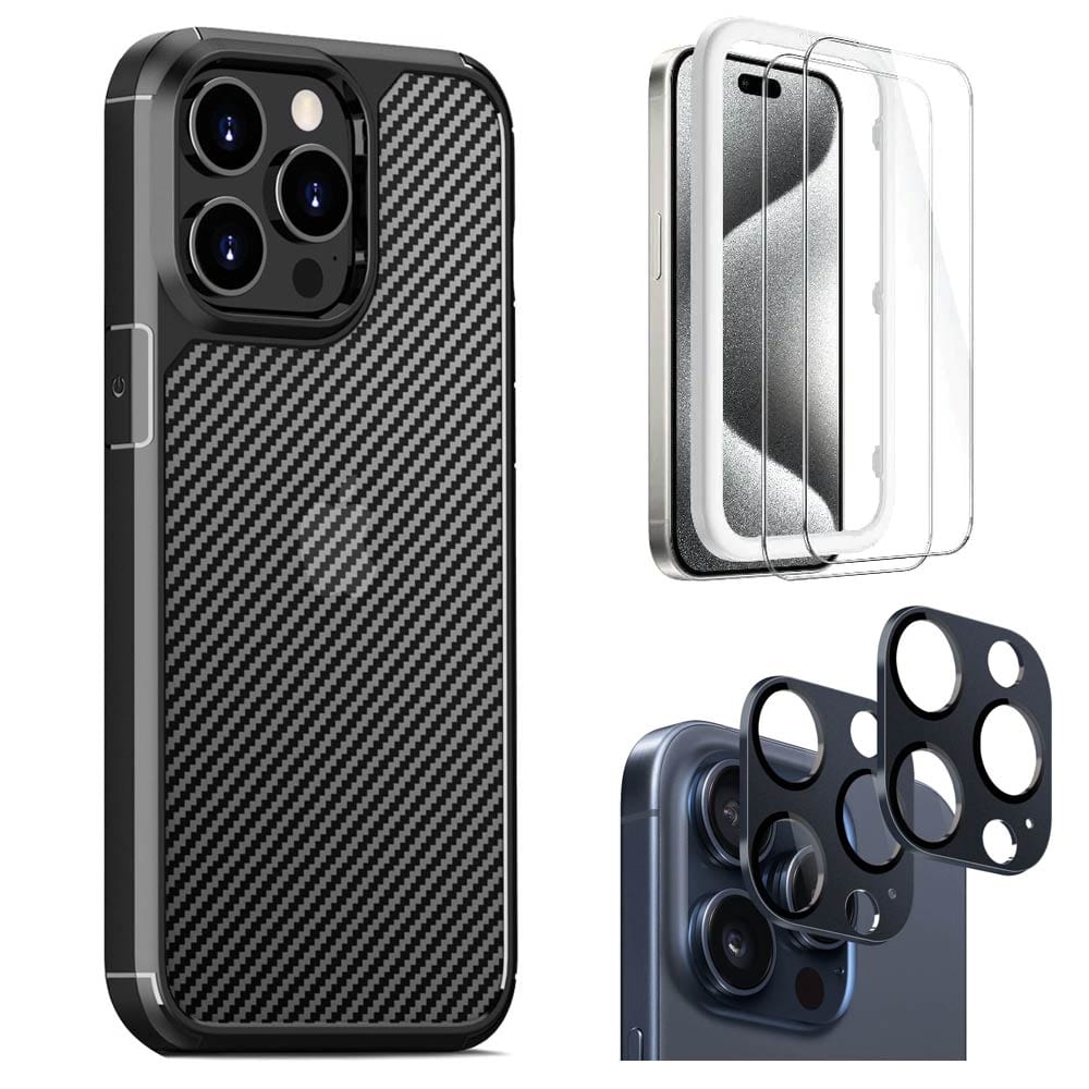 Venture Series Carbon-Fiber Style Case with Screen and Camera Protector - iPhone 15 Pro