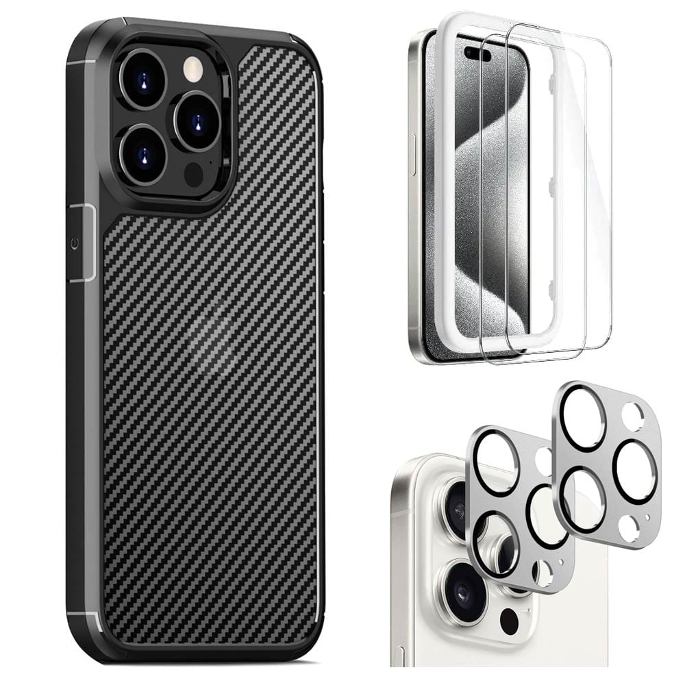 Venture Series Carbon-Fiber Style Case with Screen and Camera Protector - iPhone 15 Pro Max