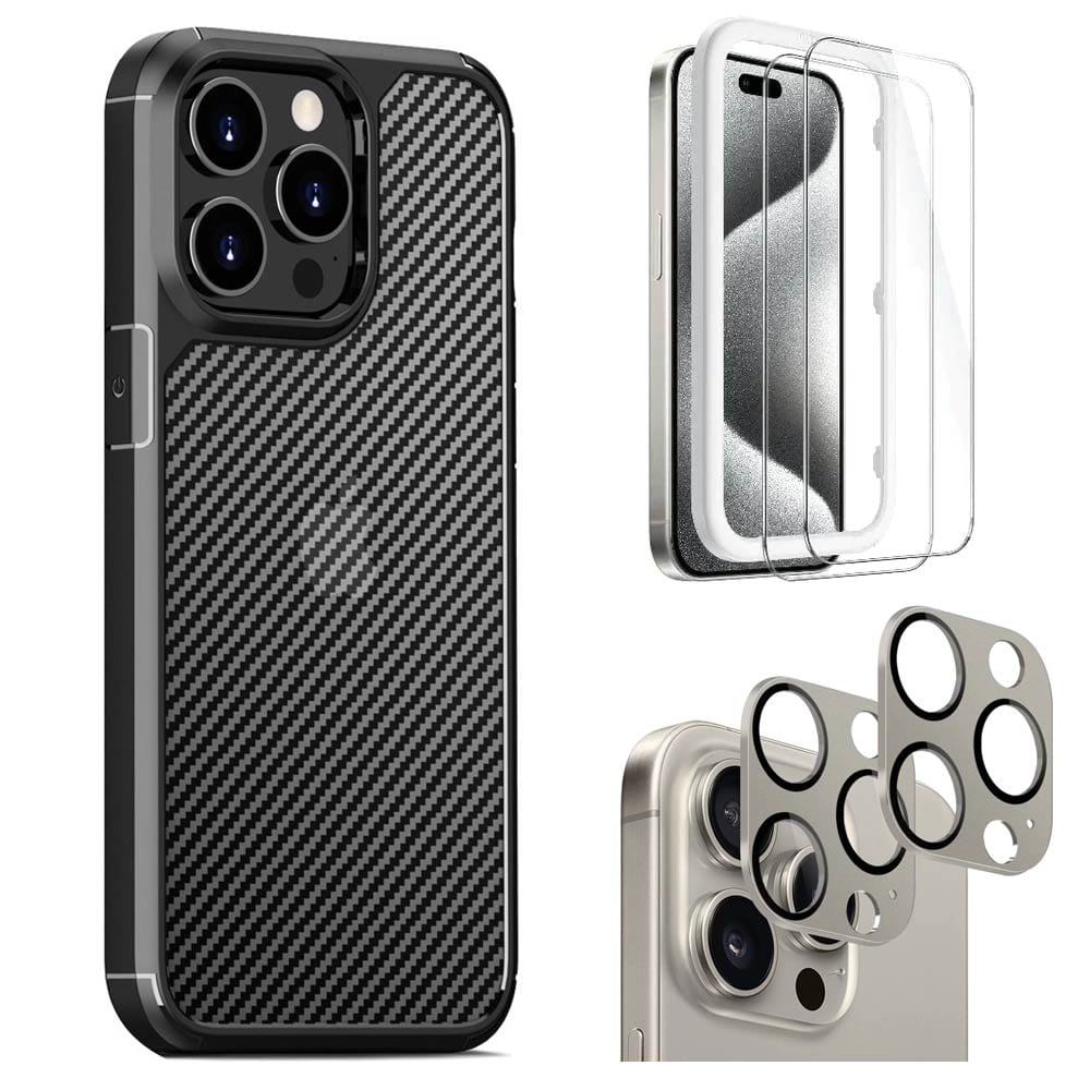 Venture Series Carbon-Fiber Style Case with Screen and Camera Protector - iPhone 15 Pro