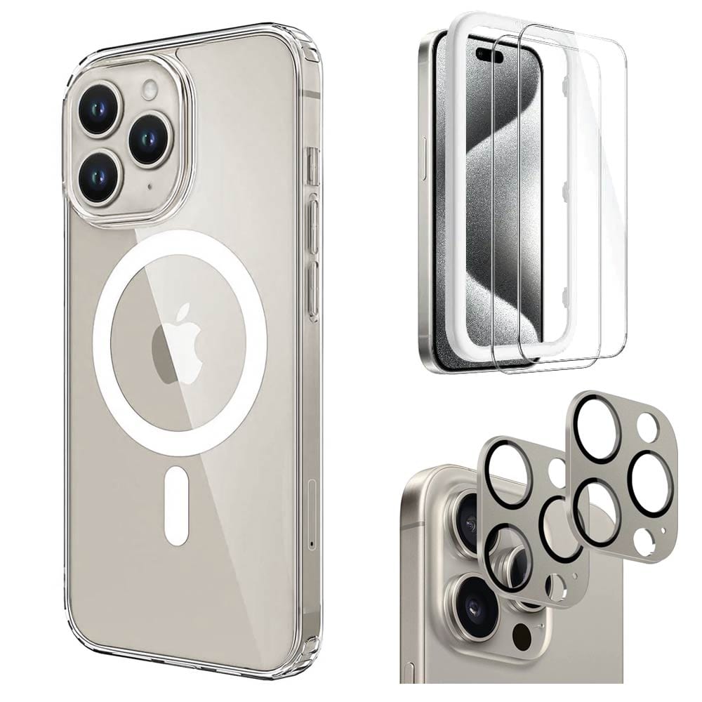 iPhone 15 Pro Max Screen & Camera Protector, Natural Titanium - Hard Shell MagSafe Case Clear