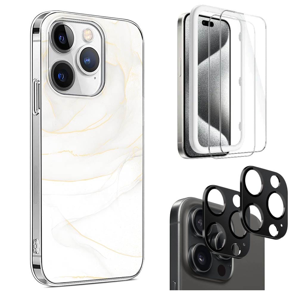 Inspire Series White Marble Case with Screen and Camera Protector - iPhone 15 Pro Max