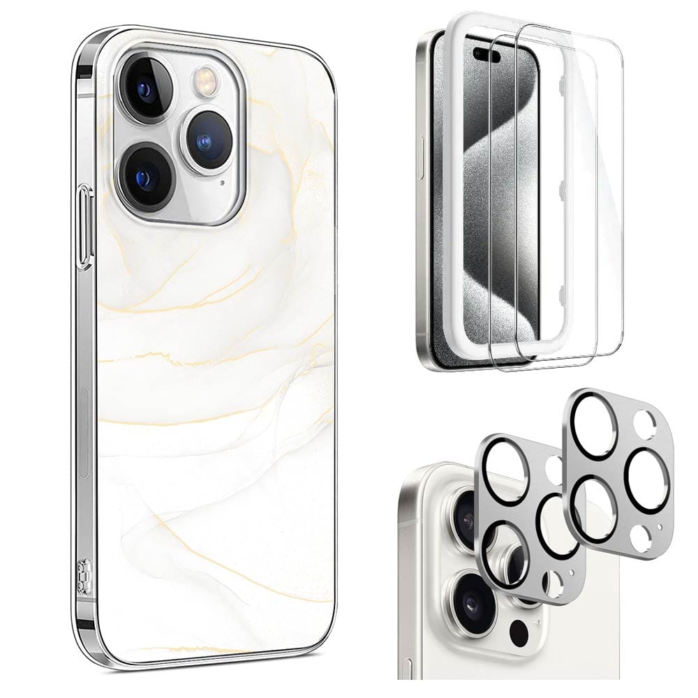 Bundle SaharaCase white marble silver iPhone 15 Pro Max case.