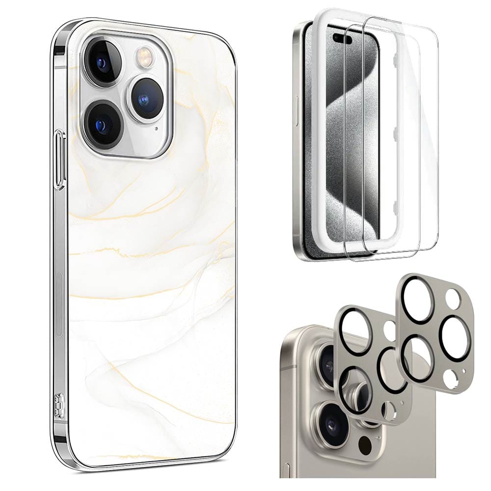 Inspire Series White Marble Case with Screen and Camera Protector - iPhone 15 Pro Max